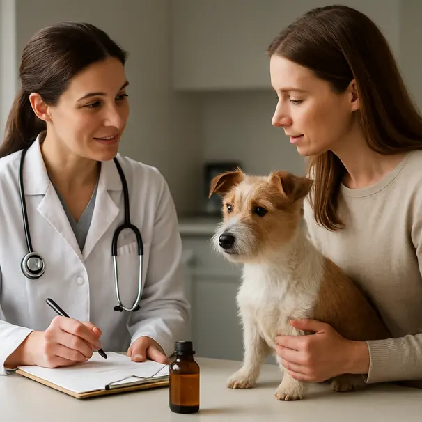 Vet and dog owner discussing dietary options at a clinic with a small terrier on the exam table and a bottle of olive oil on the table