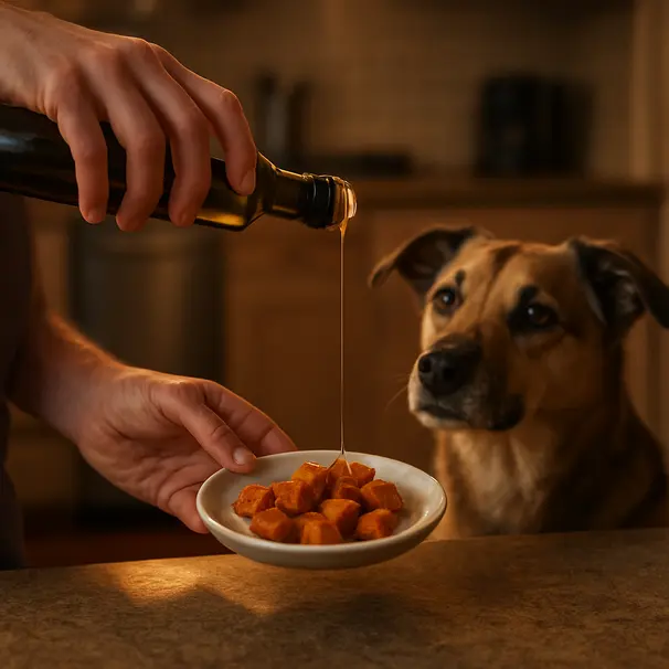 Close-up of hands drizzling olive oil onto cooked sweet potato cubes on a plate while a mixed-breed dog watches