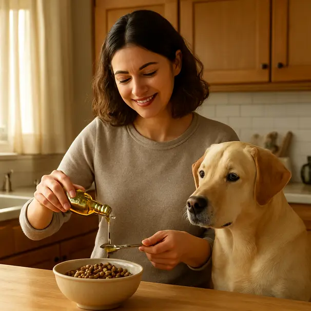 Person measuring a small spoon of extra virgin olive oil over a bowl of kibble in a kitchen while a Labrador watches
