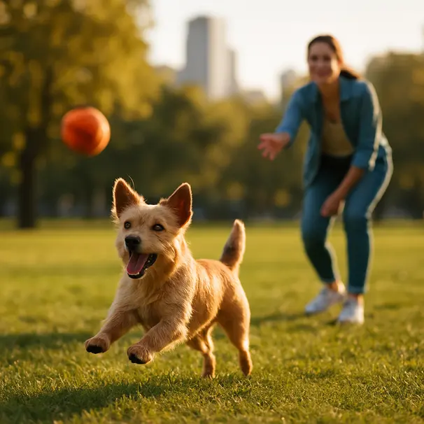 Terrier joueur attrapant une balle dans un parc ensoleillé, pet carer en mouvement, ambiance joyeuse et urbaine.