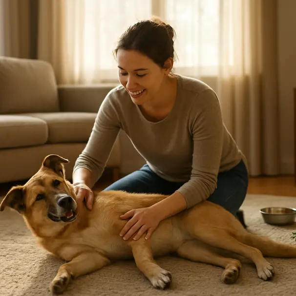 Un pet carer vérifie un chien détendu dans un salon éclairé par la lumière du matin, interaction douce et équipements visibles.