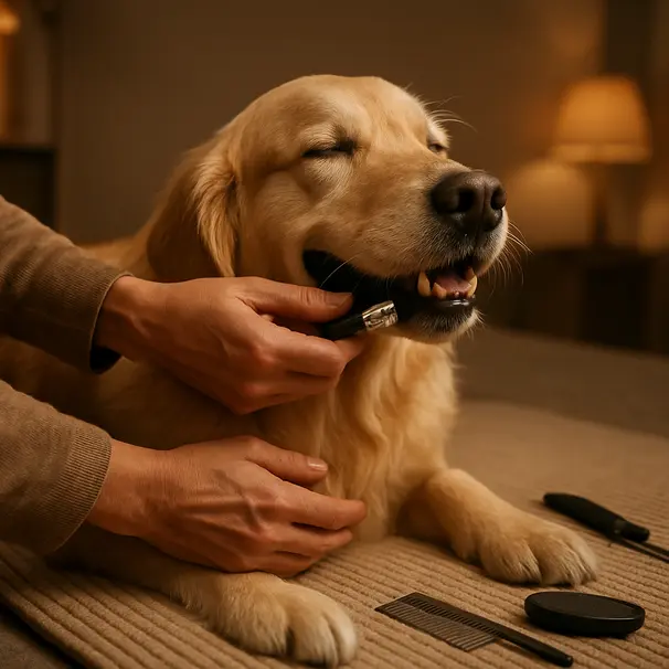 Grooming doux d'un golden retriever pendant la soirée, brossage des dents effectué par un pet carer, ambiance chaleureuse et outils visibles.