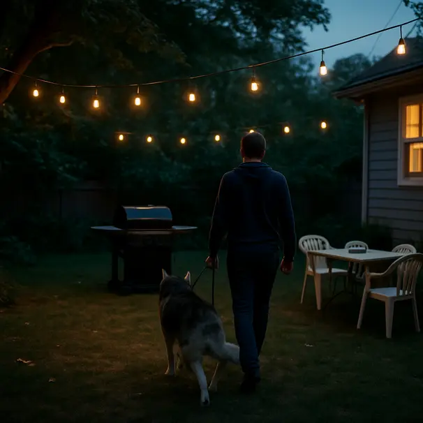 Person walking a husky on a leash at sunset in a backyard with string lights, moving away from the barbecue area and scattered chairs