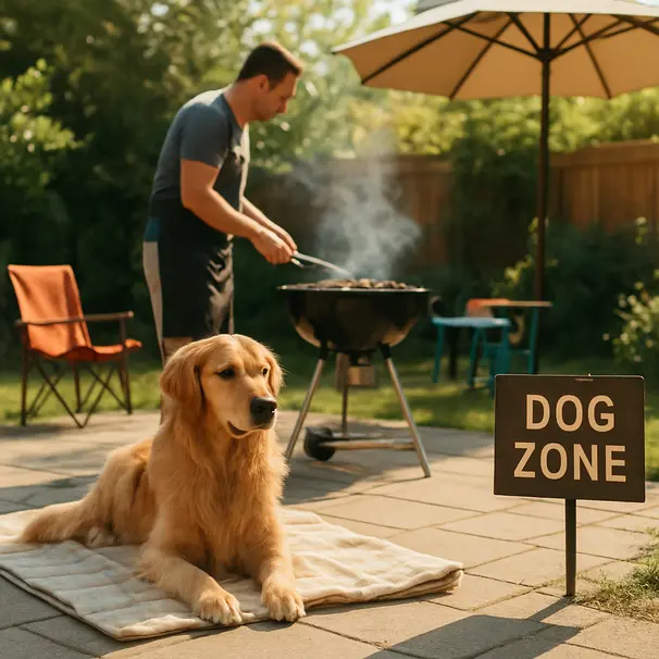 Golden retriever sitting on a blanket in a sunny backyard near a barbecue in the background, shaded dog area visible with water bowl and toys