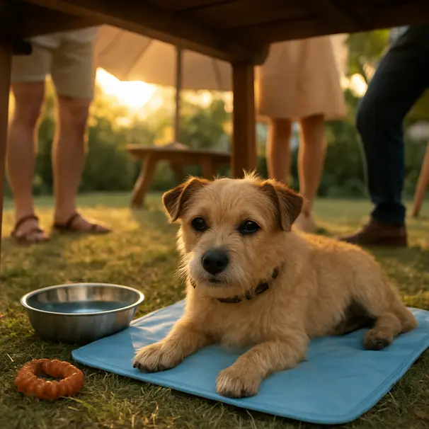 Small terrier resting on a cooling mat under a picnic table at a barbecue, water bowl and chew toy nearby, guests blurred in the background