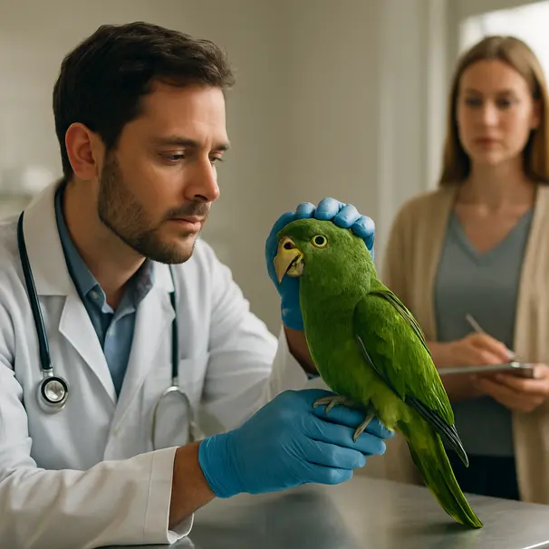 Veterinarian examining a parrot on an exam table in a bright clinic, owner holding care notes nearby.