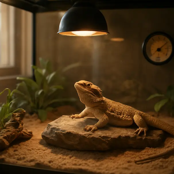Bearded dragon basking under UVB lamp in a clean, well-equipped indoor terrarium with temperature gauge and natural decor.