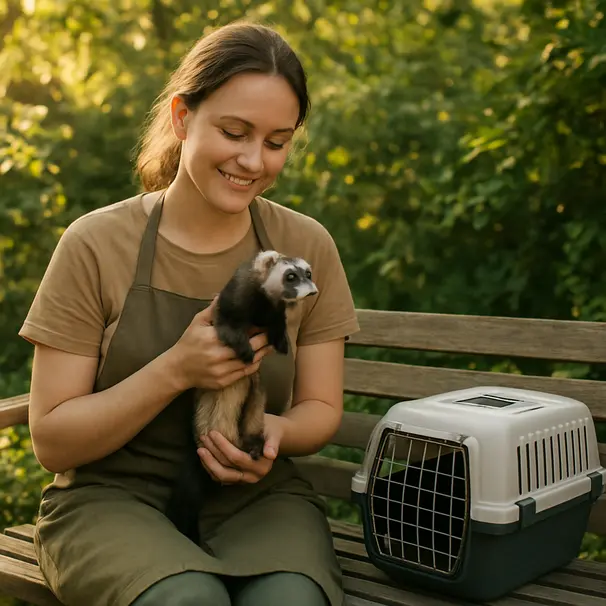 Pet carer holding a ferret in a sunny garden with a small travel cage nearby, providing gentle enrichment.