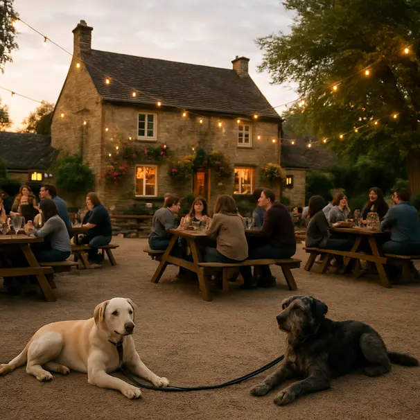 Spacious beer garden at a village pub during golden hour with two dogs relaxing on leads and people at tables