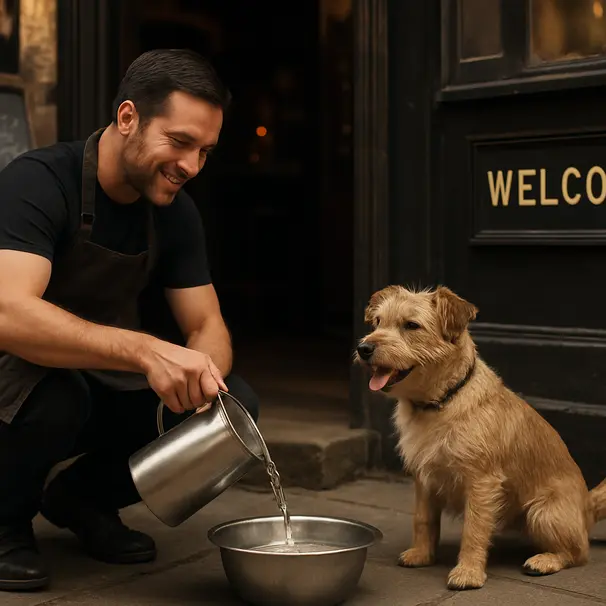 Pub staff member filling a water bowl while a small terrier waits by the doorway, menu board visible behind