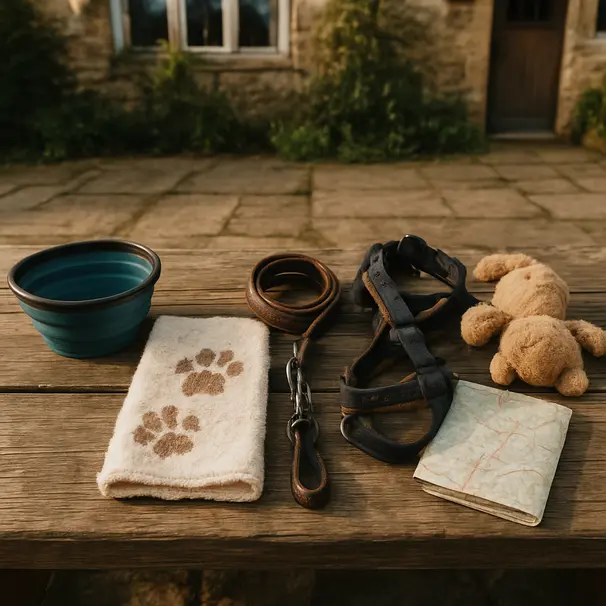 Flat-lay of dog essentials including collapsible bowl, towel, leash, toy, and map on a wooden bench outside an inn