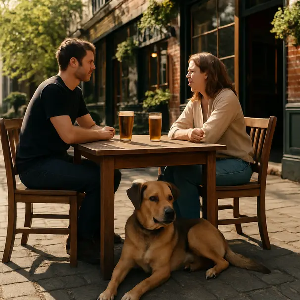 Mixed-breed dog lying under a wooden pub table outside, people chatting with pints, sunny leafy street