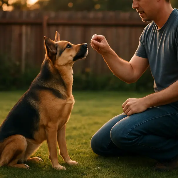 Hunden sitter i hagen mens eier belønner den med en godbit under kveldslys.