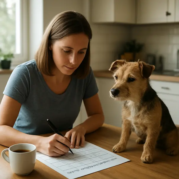 En person skriver en treningsplan ved kjøkkenbordet mens en liten terrier venter tålmodig.