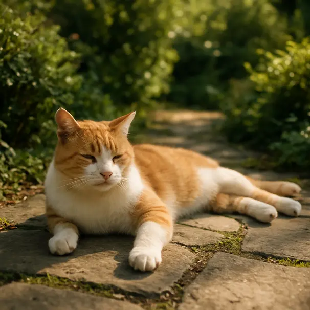 Ginger and white cat resting on a garden stone path surrounded by green plants, sunlit midday outdoor setting