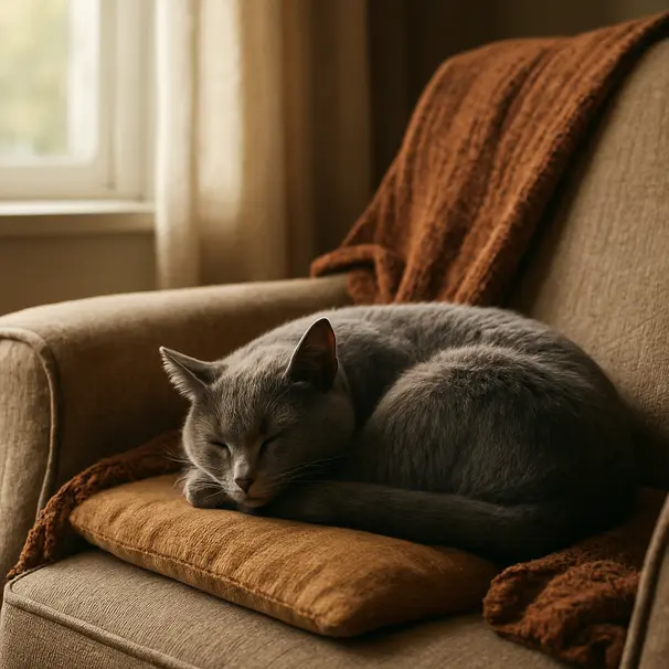 Grey shorthaired cat curled up on an armchair in a sunlit living room, appearing unusually still and resting