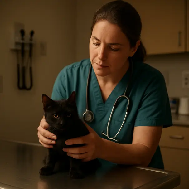 Black cat being gently examined on a veterinary exam table by a vet in scrubs, indoor clinic environment