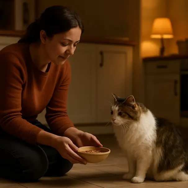 Pet carer offering a bowl of food to a long-haired cat on a kitchen floor, cozy home environment in evening lighting