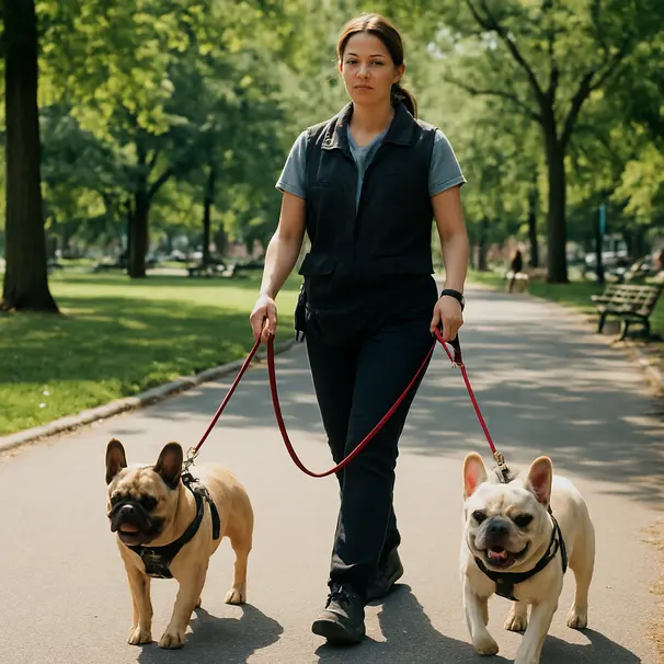 Pet carer walking two French Bulldogs on a park path in daylight, urban greenery visible