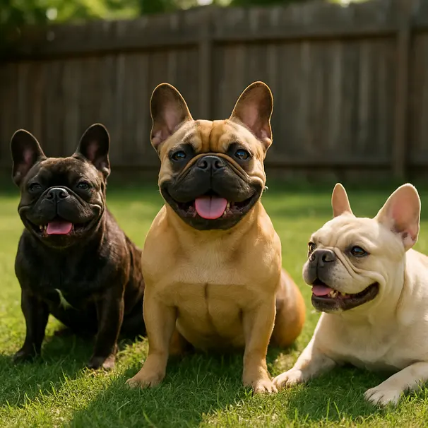 Three French Bulldogs of various colors playing and sitting in a sunny backyard with a wooden fence