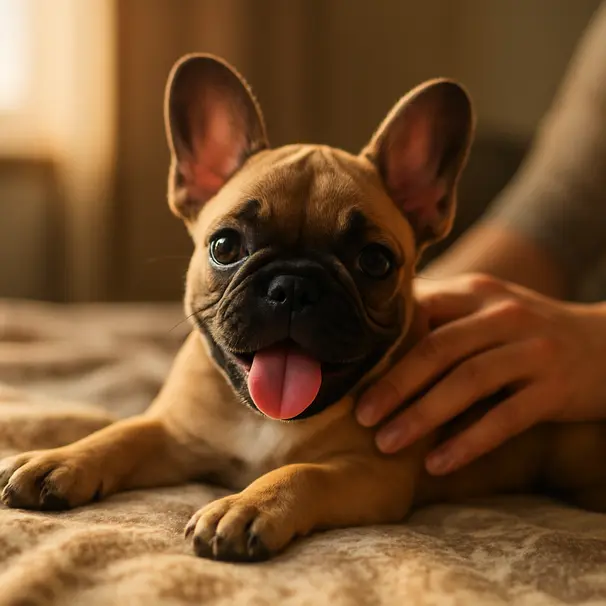 Playful French Bulldog puppy on a blanket indoors, being petted by an owner in warm afternoon light