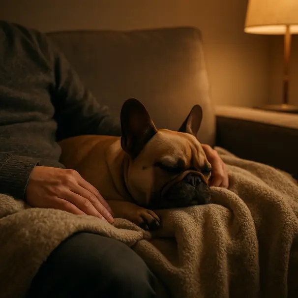 French Bulldog cuddling with owner on a couch in warm evening lamp light, cozy living room scene
