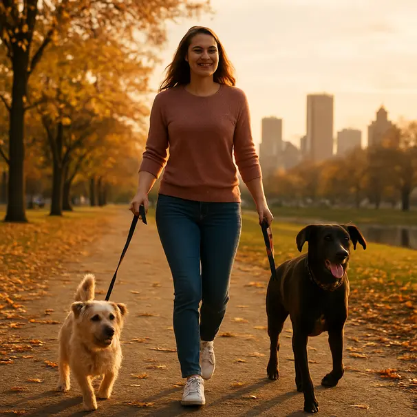 Pet carer walking two dogs along a tree-lined city park path during golden hour with leaves on the ground