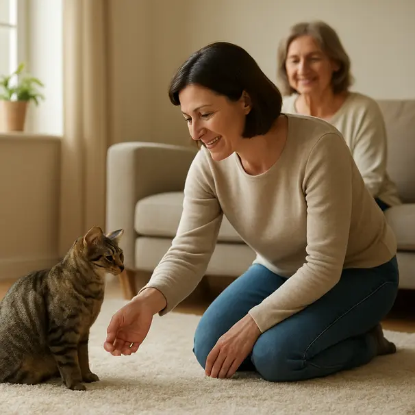 Pet owner watching as a carer kneels to introduce herself to a curious tabby cat in a sunny living room