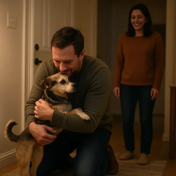 Pet owner hugging a small mixed-breed dog in a hallway while the carer watches and smiles in warm indoor light