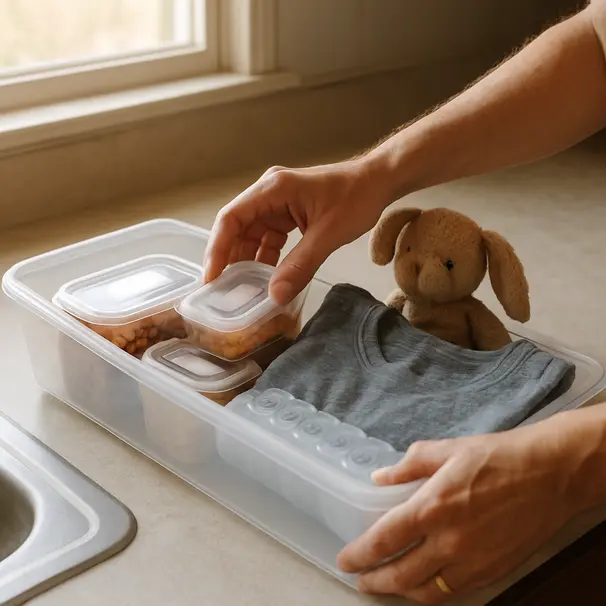 Close-up of hands packing a comfort kit with food containers, a t-shirt, toy and pill organizer on a kitchen counter
