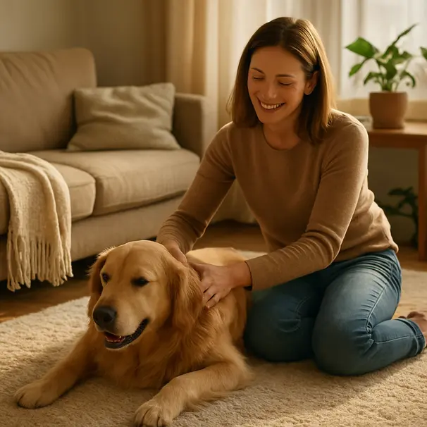 Golden retriever in a living room receiving a gentle shoulder and neck massage from its owner, warm morning light and homey surroundings
