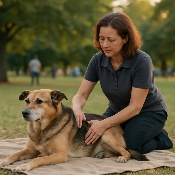Mixed-breed dog on a blanket in a park receiving a gentle hindquarters massage from a pet carer, evening light and blurred park background