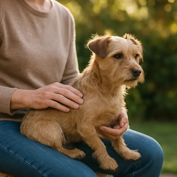 Small terrier on a caregiver's lap on a sunlit patio, hands massaging the dog's hips with a garden background
