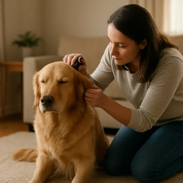 Owner kneeling on a living room rug inspecting a golden retriever's ear with a small flashlight, natural morning light, gentle interaction