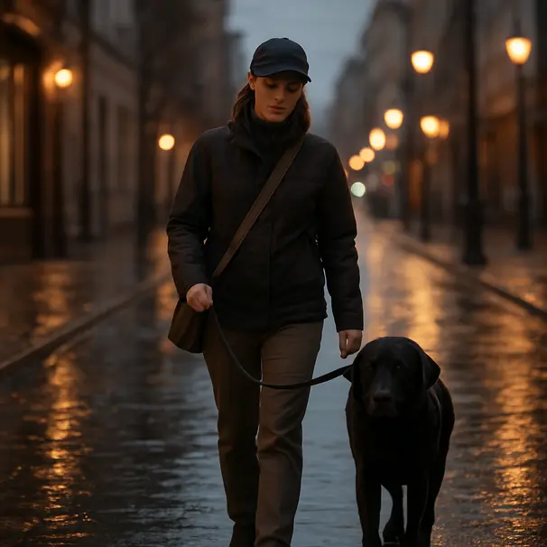 Pet carer walking a black labrador on a leash on a wet city street at dusk with warm streetlights