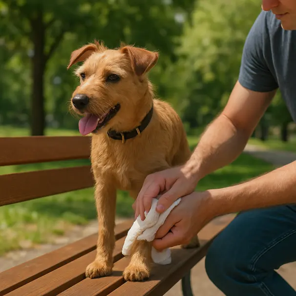 Medium terrier standing on a bench while owner wipes its paws with a towel in a sunny green park
