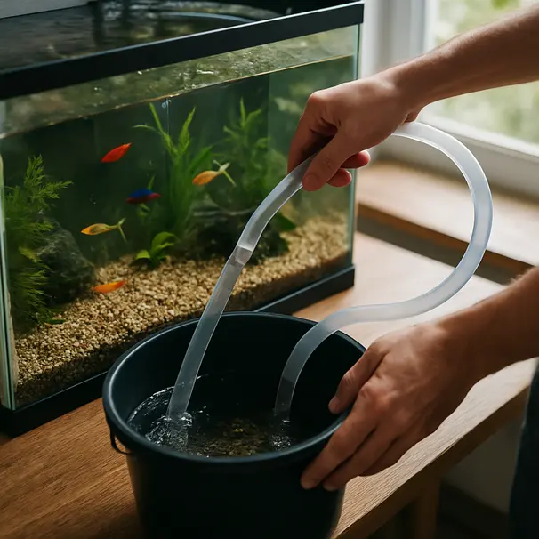 Manos retirando agua con sifón y aspirando grava, peces visibles.