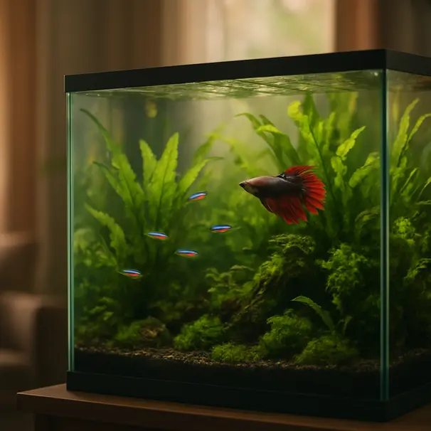 Acuario plantado en sala, peces nadando entre helechos de Java y musgo, luz matutina.