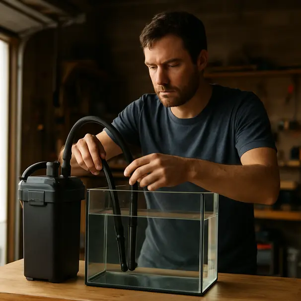 Persona instalando filtro canister y calentador en acuario, manos ajustando mangueras.