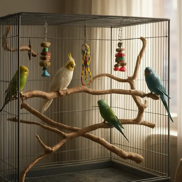 Aviario interior con posaderos de madera, juguetes colgantes y aves explorando