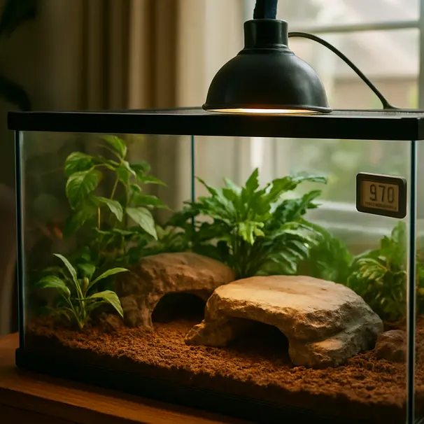 Terrario interior con plantas, escondites, lámpara de calor y termómetro visible