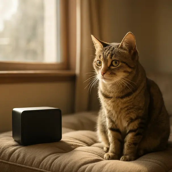 A domestic short-haired cat on a cushion by a speaker in a sunlit living room, looking toward the sound source