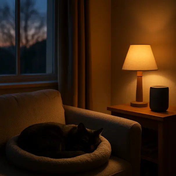A black cat curled in a bed in a living room corner at dusk, with a portable speaker on a shelf and warm lamp light