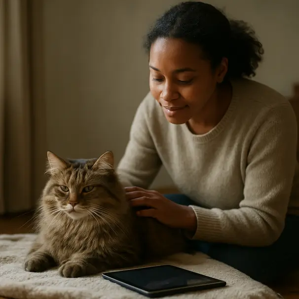 A pet carer testing music for a long-haired cat on a blanket with a tablet, soft evening light in the room
