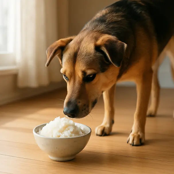 Mixed-breed dog sniffing a bowl of plain cooked white rice on a hardwood floor in a sunny kitchen.
