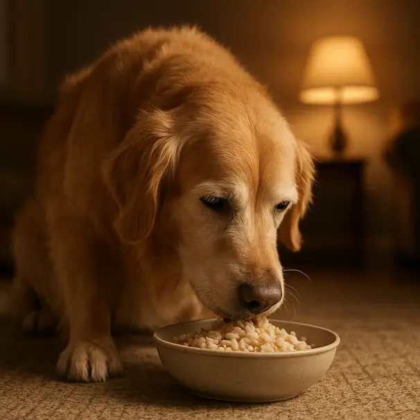 Senior golden retriever eating plain rice with shredded boiled chicken from a ceramic bowl in a warmly lit living room.
