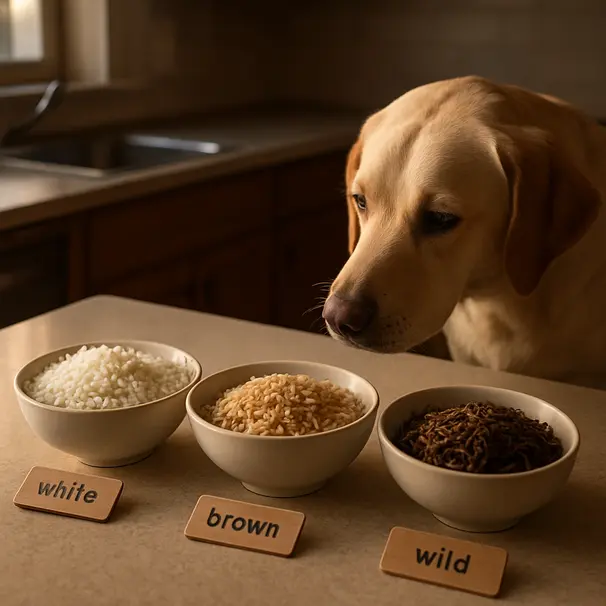 Kitchen counter with bowls of white, brown, and wild rice and a Labrador sniffing the bowls, golden-hour light.