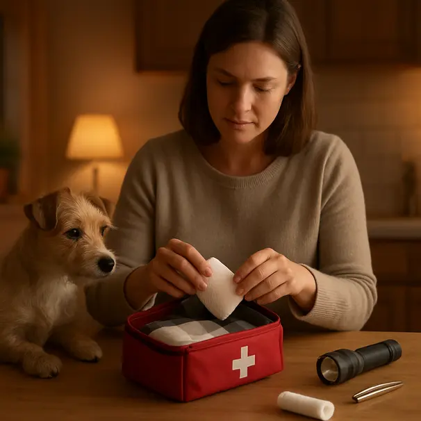 Pet carer organizing a compact first aid kit on a kitchen counter while a small terrier watches