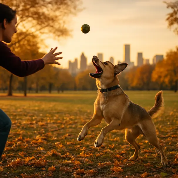 Pet carer throwing a ball for an energetic mixed-breed dog in a city park during golden hour