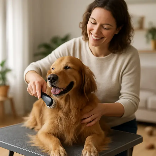 Carer brushing a long-haired dog indoors on a grooming table, dog appears calm and comfortable